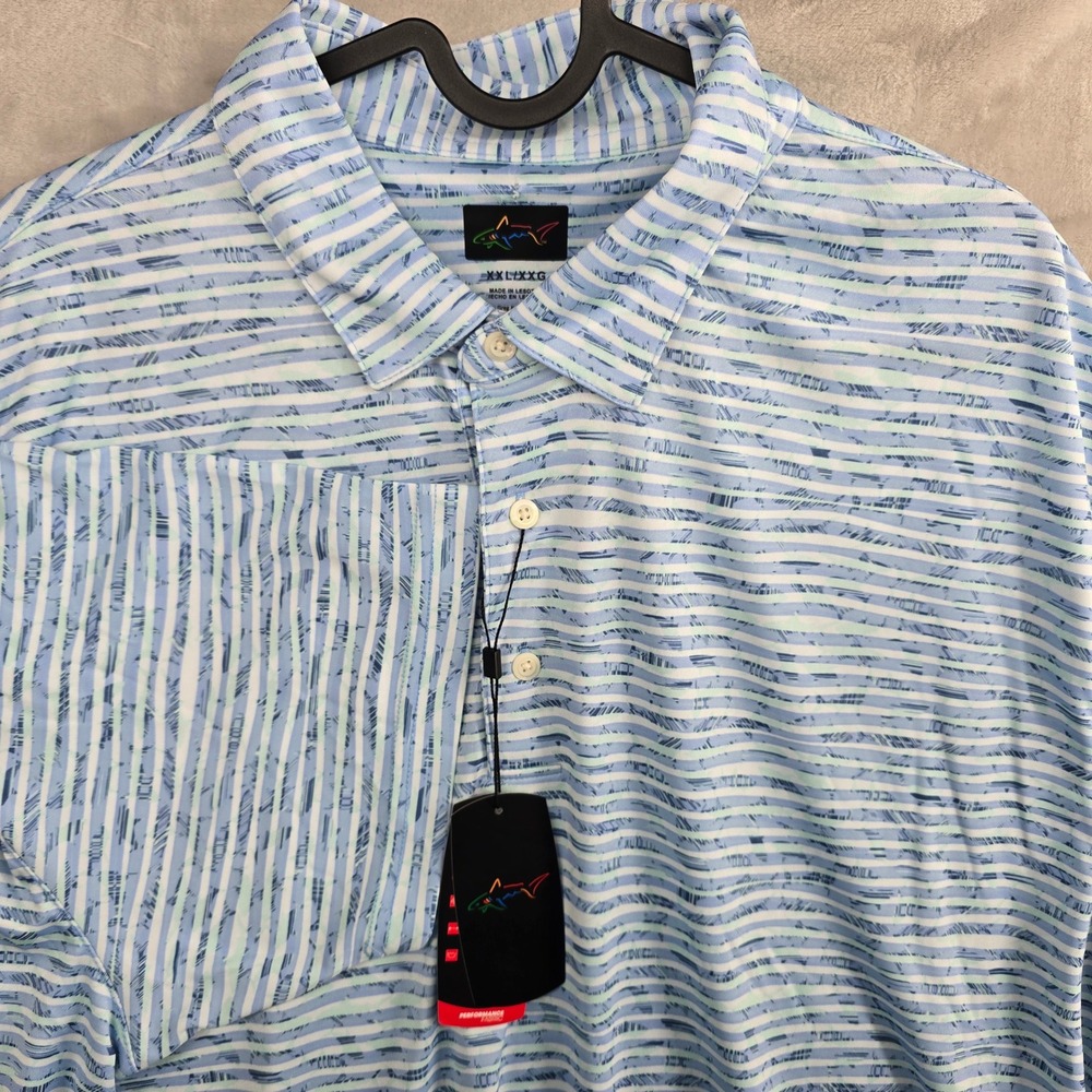 NWT Greg Norman Size‎ XXL Play Dry Golf Polo Shirt Blue Stripe Shark Performance